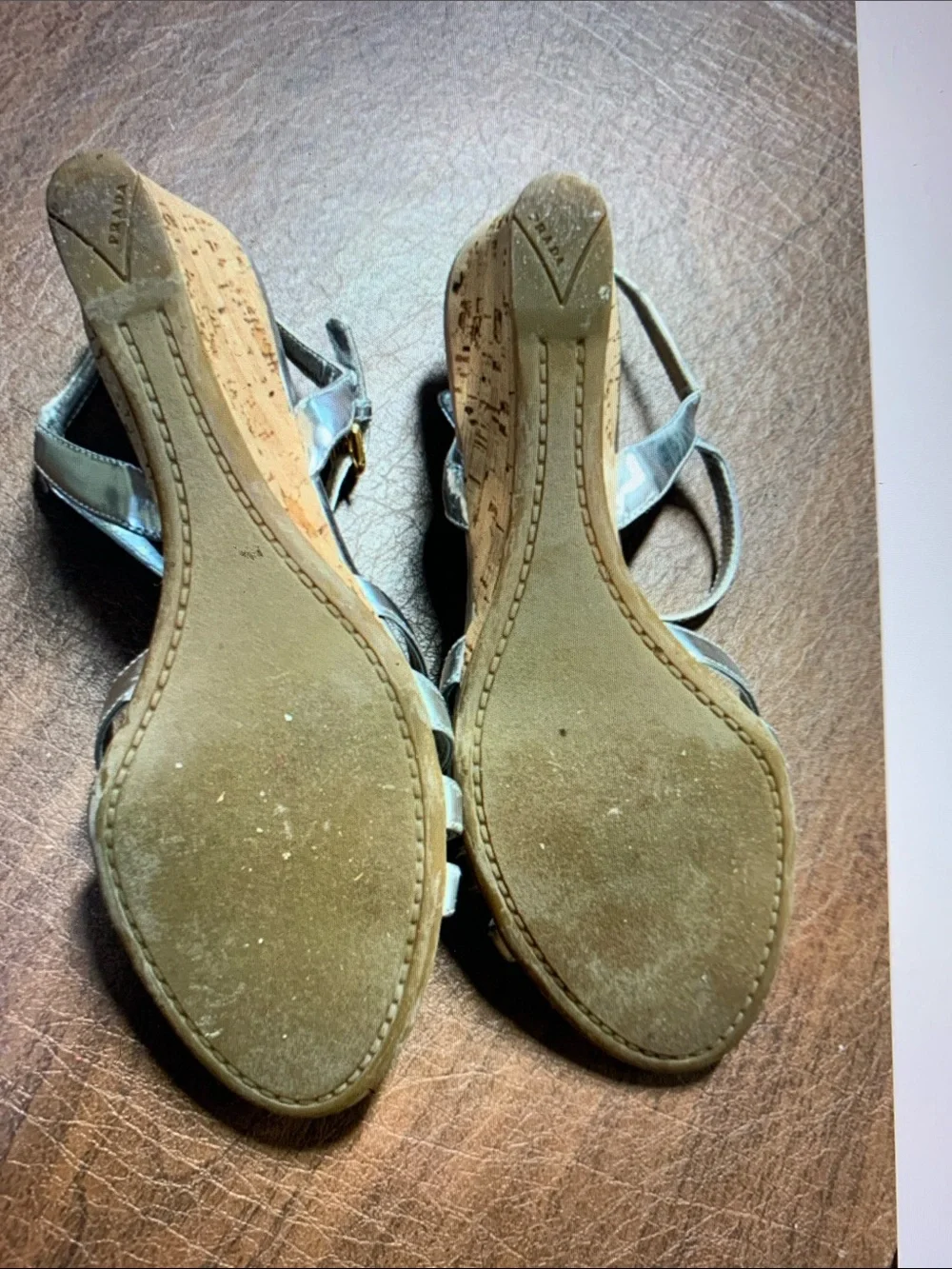 Prada Silver patten leatherDonna Bow cork wedge sandals